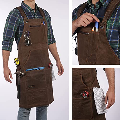 Woodworking Shop Apron - 16 oz Waxed Canvas Work Aprons | Metal Tape holder, Fully Adjustable to Comfortably Fit Men Size S to XXL | Tough Tool Apron to Give Protection, Ideal Fathers Day GIft for Dad