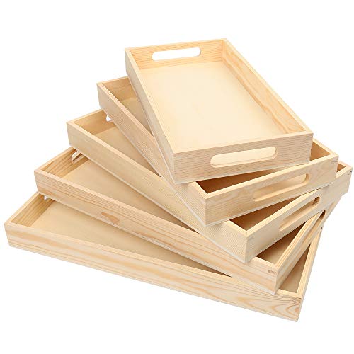 LotFancy Wooden Nested Serving Trays, Set of 5, Unfinished Natural Wood Trays with Handles, for Craft and Decor, Food Organizer for Breakfast, Lunch, Dinner