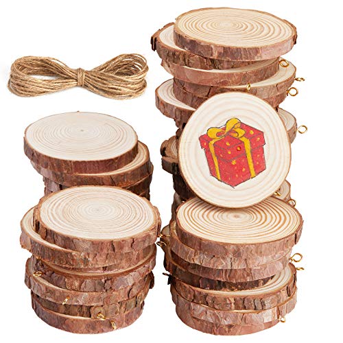 Unfinished Wood Slices，Panamela 40 Pcs 2.0-2.4 Inch Wood Ornaments for Crafts, with Eye Screw for Craft Supplies & Materials, Personalized Rustic Christmas Ornaments,Wedding Decorations