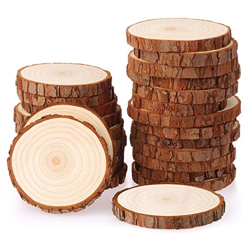 Fuyit Natural Wood Slices 25 Pcs 3.1-3.5 Inches Unfinished Wood Craft Kit Undrilled Wooden Circles Without Hole Tree Slice with Bark for Arts Painting Christmas Ornaments DIY Crafts