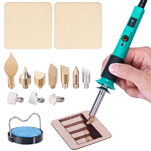 YIHUA 930-IV Pyrography Wood Burning Pen Kit Adjustable Temperature, Power Switch, Heat Deflector, Rubber Grip with 13PCS Accessories, Stencil, Wood Pieces, for Woodburning DIY Crafts