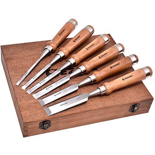 EZARC 6 Pieces Wood Chisel Tool Sets Woodworking Carving Chisel Kit with Premium Wooden Case for Carpenter Craftsman Gift for Men