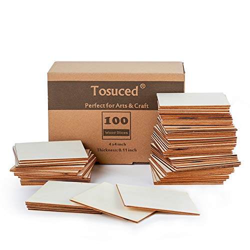 Unfinished Wood Pieces 100 Pcs Blank Square 4 x 4 Inch Wood Slices for Crafts,Cup Coasters,Wooden Ornaments,DIY Scrabble Letters Decorations