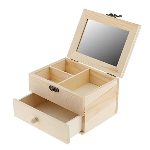 LoveinDIY Unfinished Wood Jewelry Organizer Holder - Classic Jewelry Box with Drawer & Modern Closure, Mirror