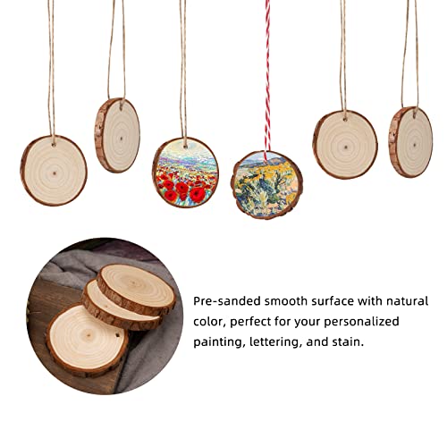 FEZZIA Natural Wood Slices, 38 Pcs Craft Wood kit, Unfinished Pre-drilled with Hole, Wooden Circles Tree Slices for Halloween Decorations, Christmas Ornaments, DIY Crafts(1.95"-2.35")