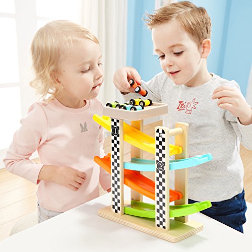 Toddler Toys for 1 2 Year Old Boy and Girl Gifts Wooden Race Track Car Ramp Racer with 4 Mini Car