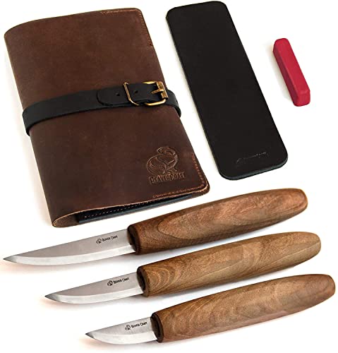 BeaverCraft Deluxe Wood Carving Tools Kit S19x - Whittling Kit Wood Carving Knives Set with Leather Strop and Polishing Compound in Leather Tools Roll Bag