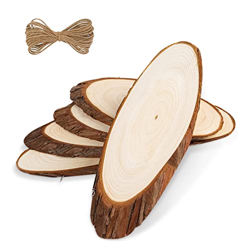 FEZZIA Natural Wood Slices Length 10-12 inches and Width 3.5-4.3 inches 5Pcs Unfinished Oval Shaped Wood Slice with bark for Sign Decorations Painting DIY Crafts Christmas Wedding Ornaments
