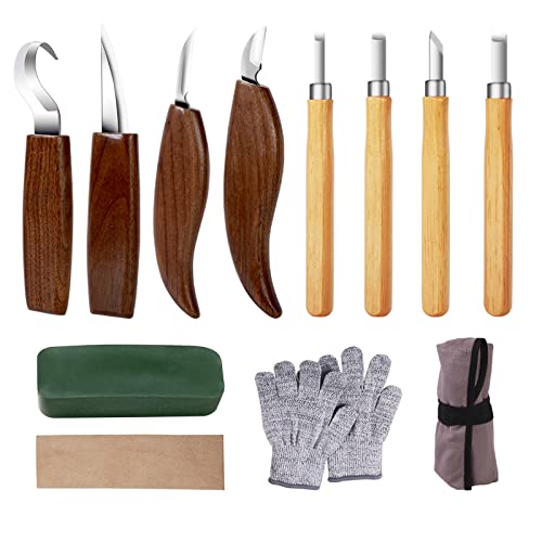 Wood Carving Tools QJIUBA 8 in 1 Wood Carving Kit with Hook Knife, Sloyd Knife, Detail Knife, Chip Carving Knife and 4pcs Detail Wood Carving Knives with Anti-Slip Cut-Resistant Gloves for Sculpture