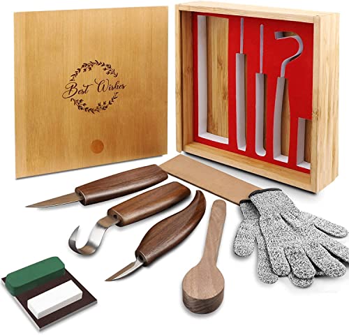 Wood Carving Tools Set, 11 in 1 Wood Carving Kit with Carving Hook Knife, Wood Whittling Knife, Chip Carving Knife, Gloves, Bamboo Gift Box, Spoon Blank, Knife Sharpener for Beginners Woodworking kit
