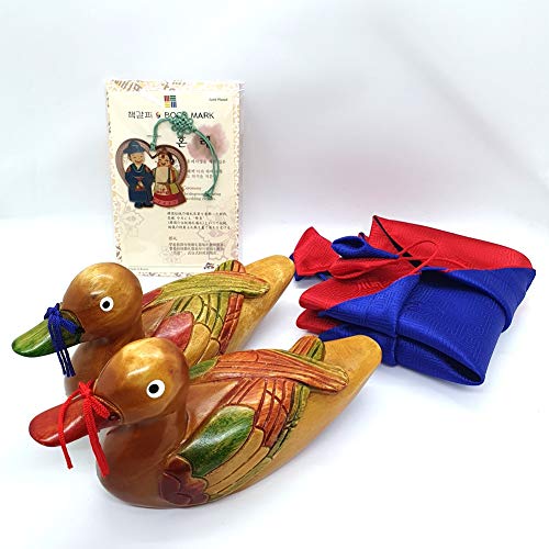 NDM Wooden Mandarin Duck 6.7" ?? Korean Wedding Handmade + Hanbok Silk Wrap + Korean Character Han gul Box + Book Mark Gift