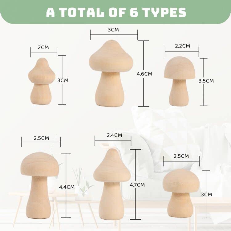 Pllieay 18 Pieces Unfinished Wooden Mushroom 6 Different Sizes Unpainted Wood Mushrooms for Children's Arts & Crafts Projects Decoration, DIY Valentine Wood Craft