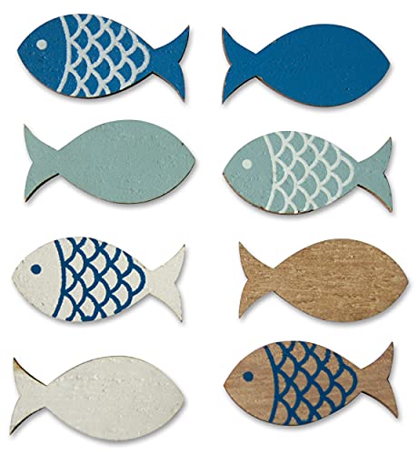 Shoreside Nautical Small Wood Cutouts for Crafts, Ocean and Sea Wooden Embellishments for Beach Crafts and Coastal Decor – White, Blue, and Wood Fish Design (20 Pcs)
