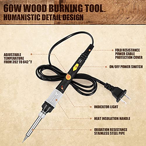 Wood Burning Kit, Wood Burning Tool Soldering Iron with Adjustable Temperature 392 to 842℉, Professional Pyrography Kit with Wood Burner Pen and Multiples Accessories for Embossing Carving Soldering