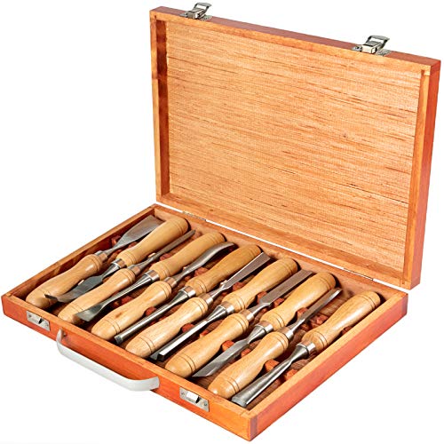 Mophorn Woodworking 12pcs Lathe Chisel，Wood Carving Hand Chisel 3-3/4Inch Blade Length, Wood Turning Tools with Wooden Storage Case, for Wood Carving Root Carving Furniture Carving Lathes