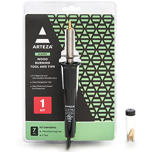 Arteza Wood Burning Kit, 1 Pyrography Pen, 6 Interchangeable Tips, 300–400°C, 25W, Heat Shield and Stand, for Beginners, Intermediates, and Hobbyists
