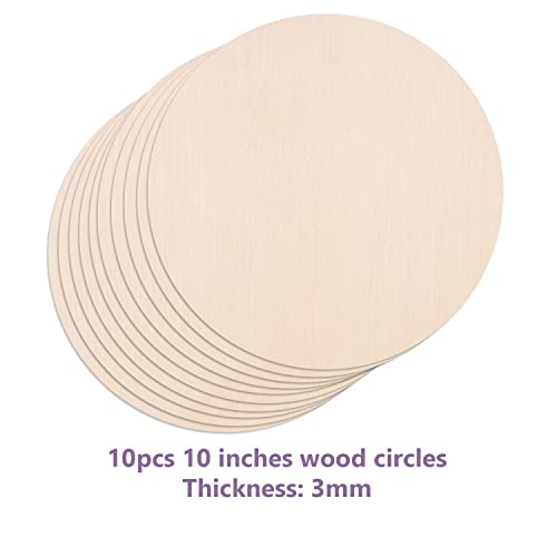 10Pcs 10Inch Cutouts Blank Round Wood Slice Wood Circles for Crafts, Unfinished Wooden Slices Blank Round Wooden Circles, Wood Circles for Painting, DIY Door Hanger, Home, Holiday Decor 3 mm Thick