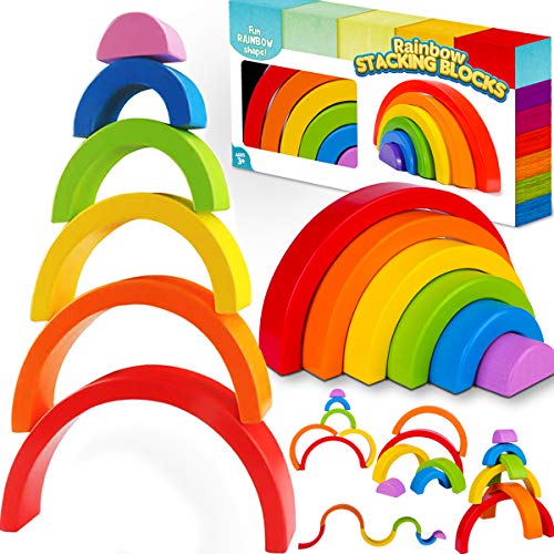 Goody King Wooden Toy Rainbow Stacking Toy - 6 Pcs Montessori Toys for 3 Year Old Educational Toy Preschool Activity Learning Creative Stacking Color Sorting Early Learning Early Development Gift