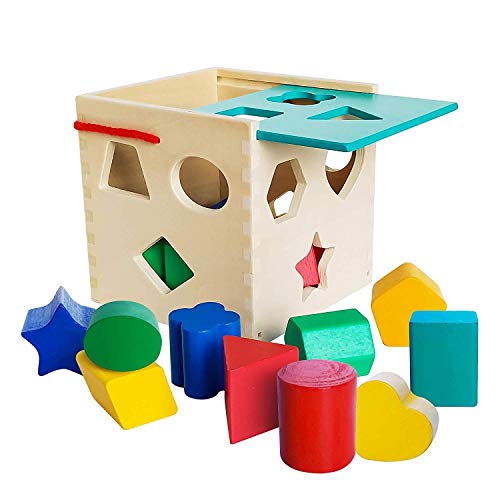 Premium Wooden Shape Sorter Toy with Sliding Lid & Carrying Strap 12 Color Solid Wood Geometric Shape Puzzle Pieces - Classic Developmental Toy for Preschool Toddlers 1 2 & 3 Year Olds