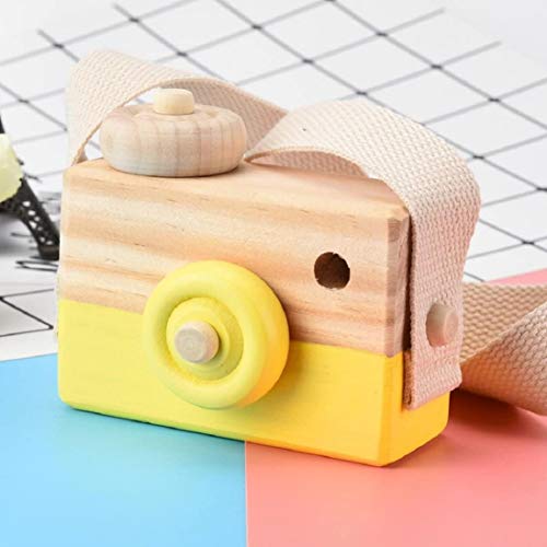 Wooden Mini Camera Toy, Hsxxf White Baby Kids Neck Hanging Photographed Props Camera Toy with Rope Cute Wood Camera Toys for Kid's Room Hanging Decoration (Yellow)