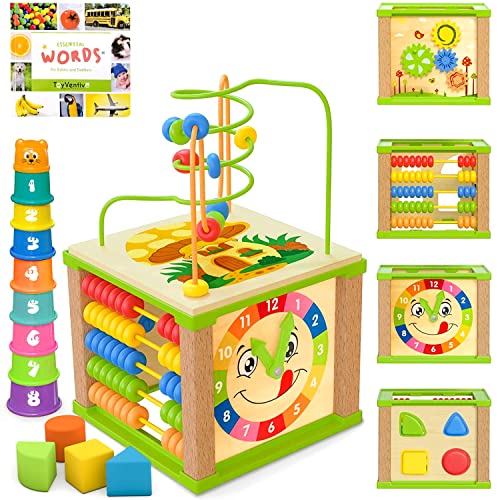 TOYVENTIVE Wooden Kids Baby Activity Cube - Boys Gift Set | One 1, 2 Year Old Boy Gifts Toys | Developmental Toddler Educational Learning Boy Toys 12-18 Months | Bead Maze, First Birthday Gift