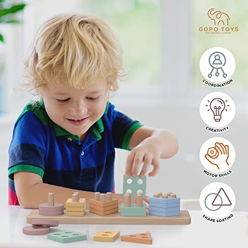 GOPO TOYS Montessori Toys for 18+ Months Old - Toddlers Wooden Sorting and Stacking Toys for Baby Boys and Girls - Shape Sorter and Color Stacker Preschool Kids Wood Gifts