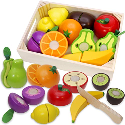 Wooden Play Food for Kids Kitchen Cutting Fruits Toys for Toddlers Pretend Vegetables Gift for Boys Girls Educational Toys