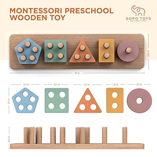 GOPO TOYS Montessori Toys for 18+ Months Old - Toddlers Wooden Sorting and Stacking Toys for Baby Boys and Girls - Shape Sorter and Color Stacker Preschool Kids Wood Gifts