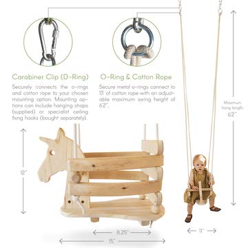 Ecotribe Wooden Unicorn Toddler Swing, Varnished Baby Swing Set for Outdoor and Indoor Use, Eco-Friendly Smooth Birch Wood with Natural Cotton Ropes, Swing Chair for Babies 6 Months to 3 Years Old