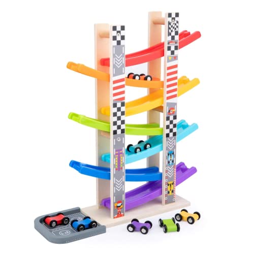 WOOD CITY Toddler Toys for 1 2 3 Years Old, Wooden Car Ramp Racer Toy Vehicle Set with 7 Mini Cars & Race Tracks, Montessori Toys for Toddlers Boys Girls Gift