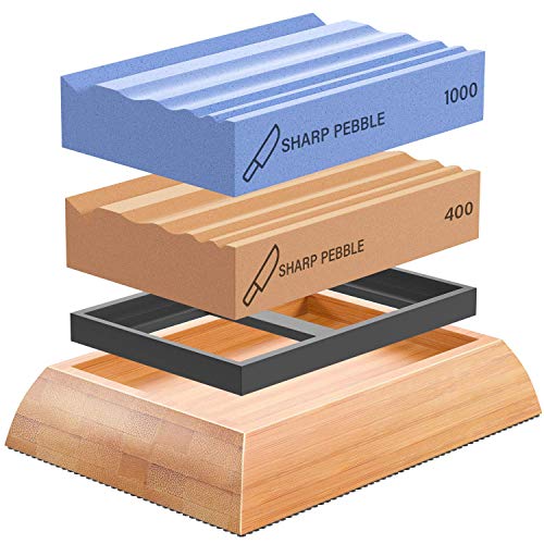 Sharp Pebble Sharpening Stones for Wood Carving Tools-Two Whetstones Grit 400 & 1000 Gouge Sharpener- Waterstone Sharpening System for Wood Carving Knives & Chisels with Non-Slip Bamboo Base
