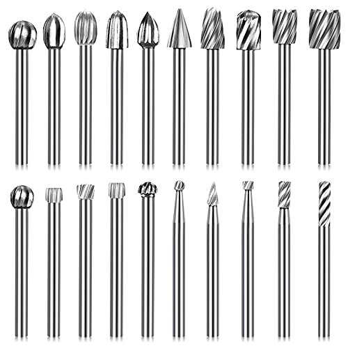 Tonsiki 20PCS Wood Carving Bits Set, 1/8 Inch(3mm) Shank Tungsten Carbide Rotary Tools Accessories for DIY Woodworking, Engraving, Grooving, Polishing, Suitable for Most Rotary Tools