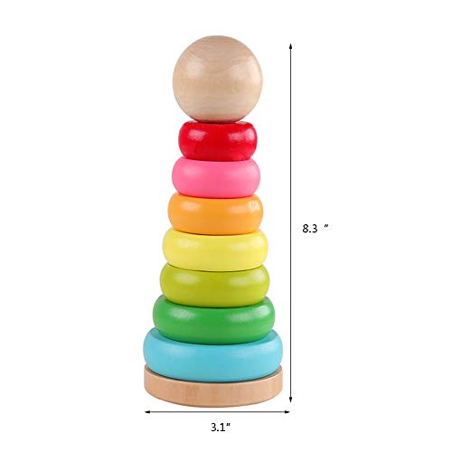 GEMEM Stacking Rings Toy Wooden Rainbow Stacker Toddler Learning Toys for 18 Months 2 Year Old Baby Boys Girls Non-Toxic