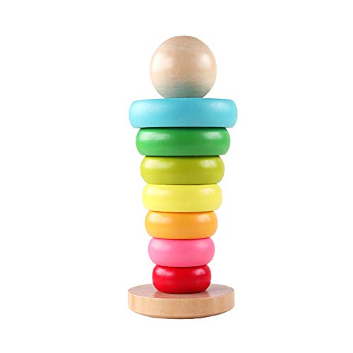 GEMEM Stacking Rings Toy Wooden Rainbow Stacker Toddler Learning Toys for 18 Months 2 Year Old Baby Boys Girls Non-Toxic