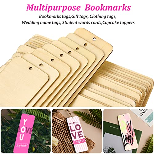 Large Size Wood Blank Bookmarks Rectangle Shape Blank Hanging Tags Unfinished Wooden Book Markers Ornaments with Holes and Ropes for DIY Crafts, Wedding Birthday Party Decors, 6 x 2 Inch (48 Sets)