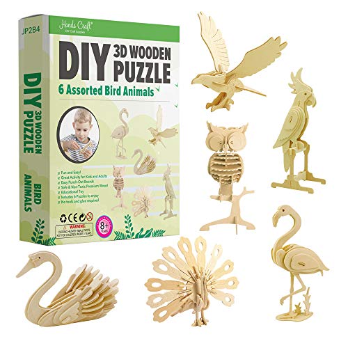 Hands Craft DIY 3D Wooden Puzzle – 6 Assorted Bird Animals Bundle Pack Set Brain Teaser Puzzles Educational STEM Toy Adults and Kids to Build Safe and Non-Toxic Easy Punch Out Premium Wood JP2B4