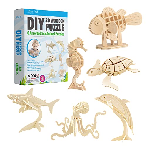 Hands Craft DIY 3D Wooden Puzzle – 6 Assorted Sea Animals Bundle Pack Set Brain Teaser Puzzles Educational STEM Toy Adults and Kids to Build Safe and Non-Toxic Easy Punch Out Premium Wood JP2B5