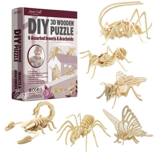 Hands Craft DIY 3D Wooden Puzzle – 6 Assorted Insects & Arachnids Bundle Pack Brain Teaser Puzzles Educational STEM Toy Adults and Kids to Build Safe and Non-Toxic Easy Punch Out Premium Wood JP2B9
