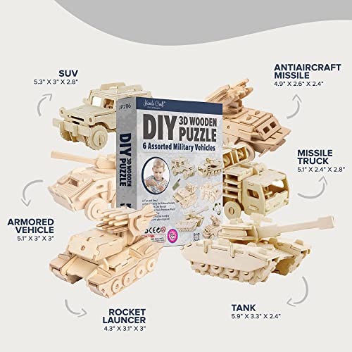 Hands Craft DIY 3D Wooden Puzzle – 6 Assorted Military Vehicles Bundle Pack Set Brain Teaser Puzzles Educational STEM Toy Adults and Kids to Build Safe and Non-Toxic Easy Punch Out Premium Wood JP2B6