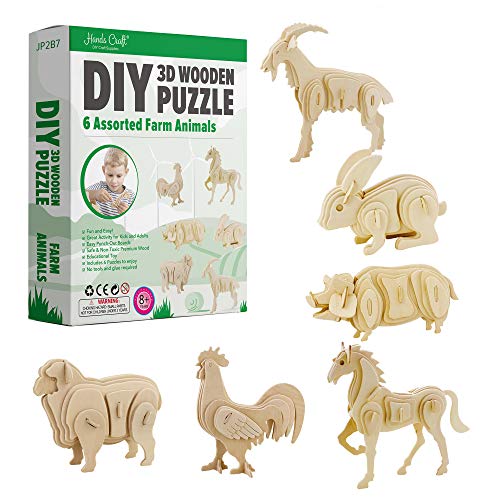 Hands Craft DIY 3D Wooden Puzzle – 6 Assorted Farm Animals Bundle Pack Set Brain Teaser Puzzles Educational STEM Toy Adults and Kids to Build Safe and Non-Toxic Easy Punch Out Premium Wood JP2B7