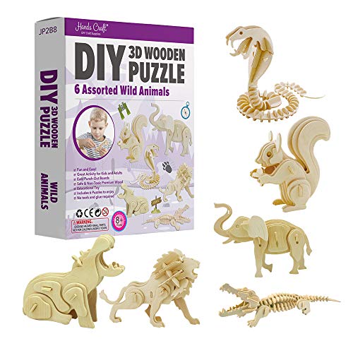 Hands Craft DIY 3D Wooden Puzzle – 6 Assorted Wild Animals Bundle Pack Set Brain Teaser Puzzles Educational STEM Toy Adults and Kids to Build Safe and Non-Toxic Easy Punch Out Premium Wood JP2B8