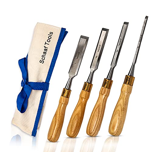 Schaaf Tools 4-Piece Wood Chisel Set | Finely Crafted Woodworking Hand Tools | Durable Cr-V Steel Bevel Edged Blade, Tempered to 60HRc | Tool Roll Included