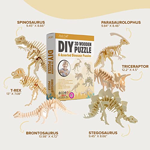 Hands Craft DIY 3D Wooden Puzzle – 6 Assorted Dinosaur Bundle Pack Set Brain Teaser Puzzles Educational STEM Toy Adults and Kids to Build Safe and Non-Toxic Easy Punch Out Premium Wood JP2B1