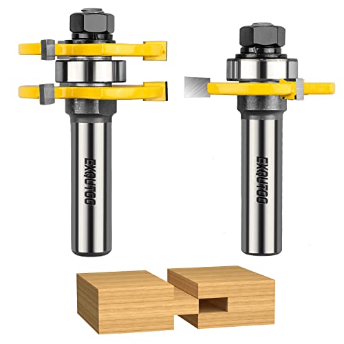 Exqutoo 2 Pieces 3 Teeth T Shape Tongue and Groove Router Bit Set 1/2 Inch Shank , Slot Depth 1/2", Slot Height 1/4"Set Adjustable Wood Milling Cutter for Doors,Shelves & Cabinet,Woodworking Tools