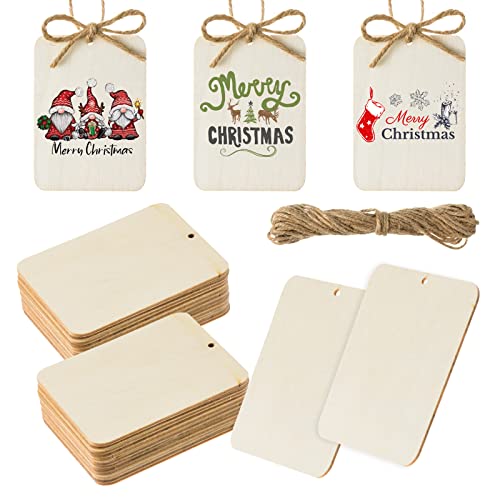 60 Pcs Wooden Tags 2.5 x 3.5 Inch Unfinished Wood Pieces Rectangle Square Wooden Cutouts with Holes Wood Ornaments with 32.8ft Rope for Holiday Gift Tags DIY Craft Hanging Decorations Painting