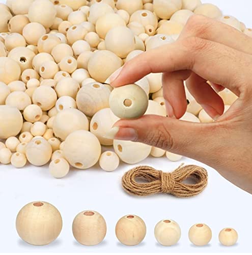 Innovative Offer 510 Pcs Wooden Beads with Jute Twine, 6 Sizes Unfinished Wood Beads for Crafts with Holes - 8, 10, 12, 14, 16, 20 mm Beads for Jewelry Making, Garland, Home/Farmhouse Decor and DIY