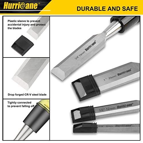 4 Piece Wood Chisel Set for Woodworking, CR-V Steel Beveled Edge Sharp Blade with Caps, Extra Large Size Durable PVC High Impact Handle, 1/4", 1/2", 3/4", 1", upgrade basic set for Larger Grip Style