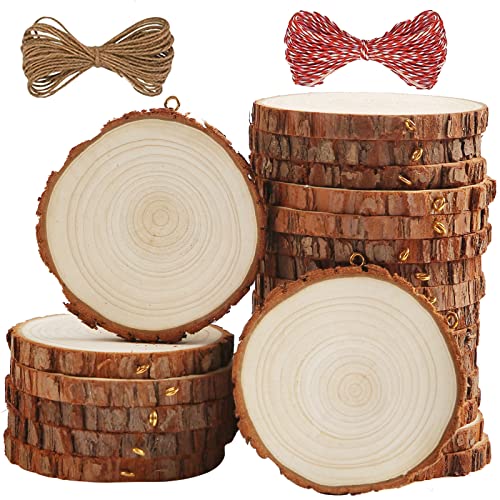 SENMUT Natural Wood Slices 20 Pcs 3.1-3.6 Inch Wooden Circles Crafts Wood Coaster Christmas Ornaments Unfinished Wood Rounds for Crafts and DIY Arts Wood Kit PreInstalled with Small Eye Screws