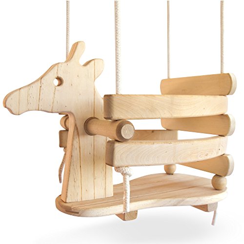 Ecotribe Wooden Giraffe Swing Set for Toddlers - Smooth Birch Wood with Natural Cotton Ropes Outdoor & Indoor Swing - Eco-Conscious Toddler Bucket Swing Chair, for Baby 6 Months to 3 Years Old