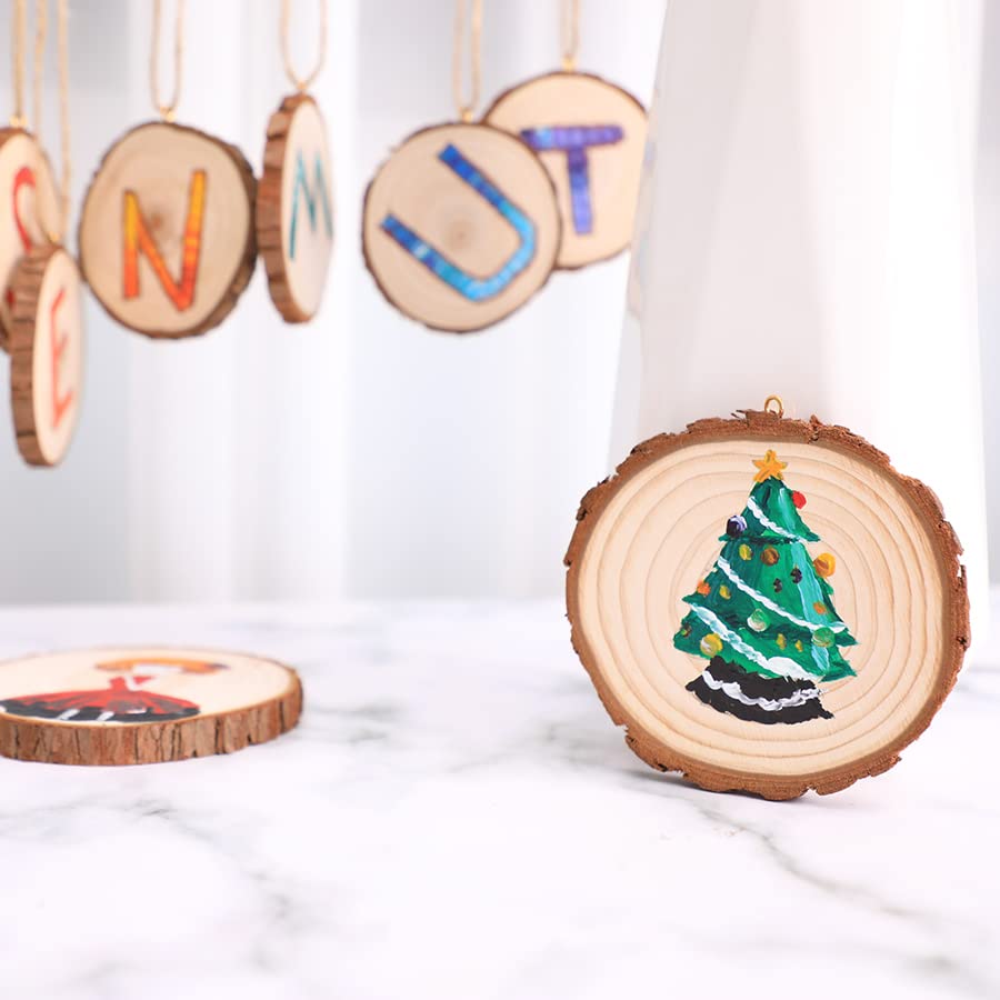 SENMUT Wood Slices 30 Pcs 2.4-2.85 inches Unfinished Wood Craft Natural Rounds Christmas Ornament Wooden Circles Pre-Installed Tree Slices with Small Eye Screws